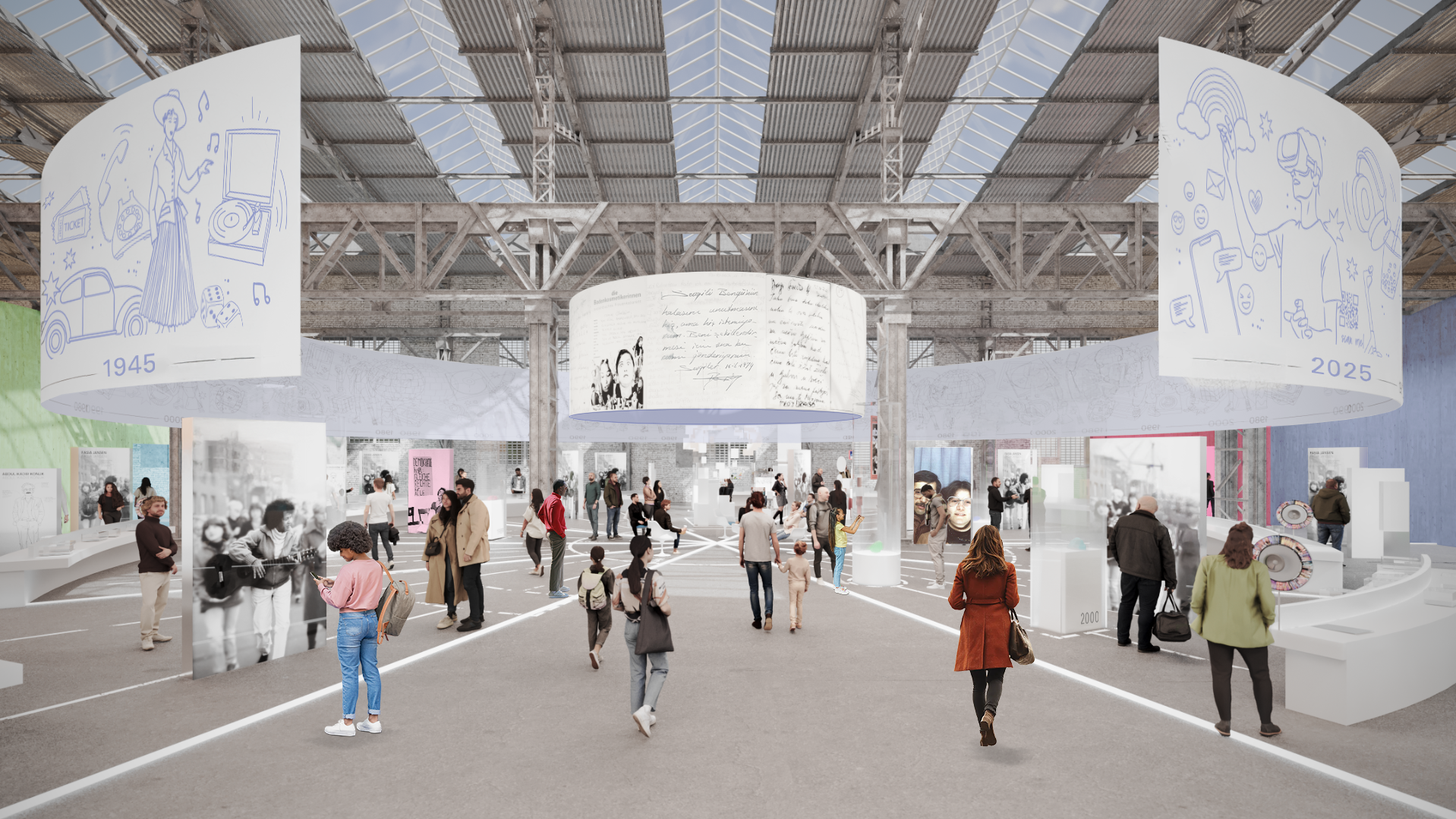 There is a large exhibition space with explanatory panels, display cases with objects and people looking at them. Above it hovers a large band with illustrations for the years 1945 to the present.