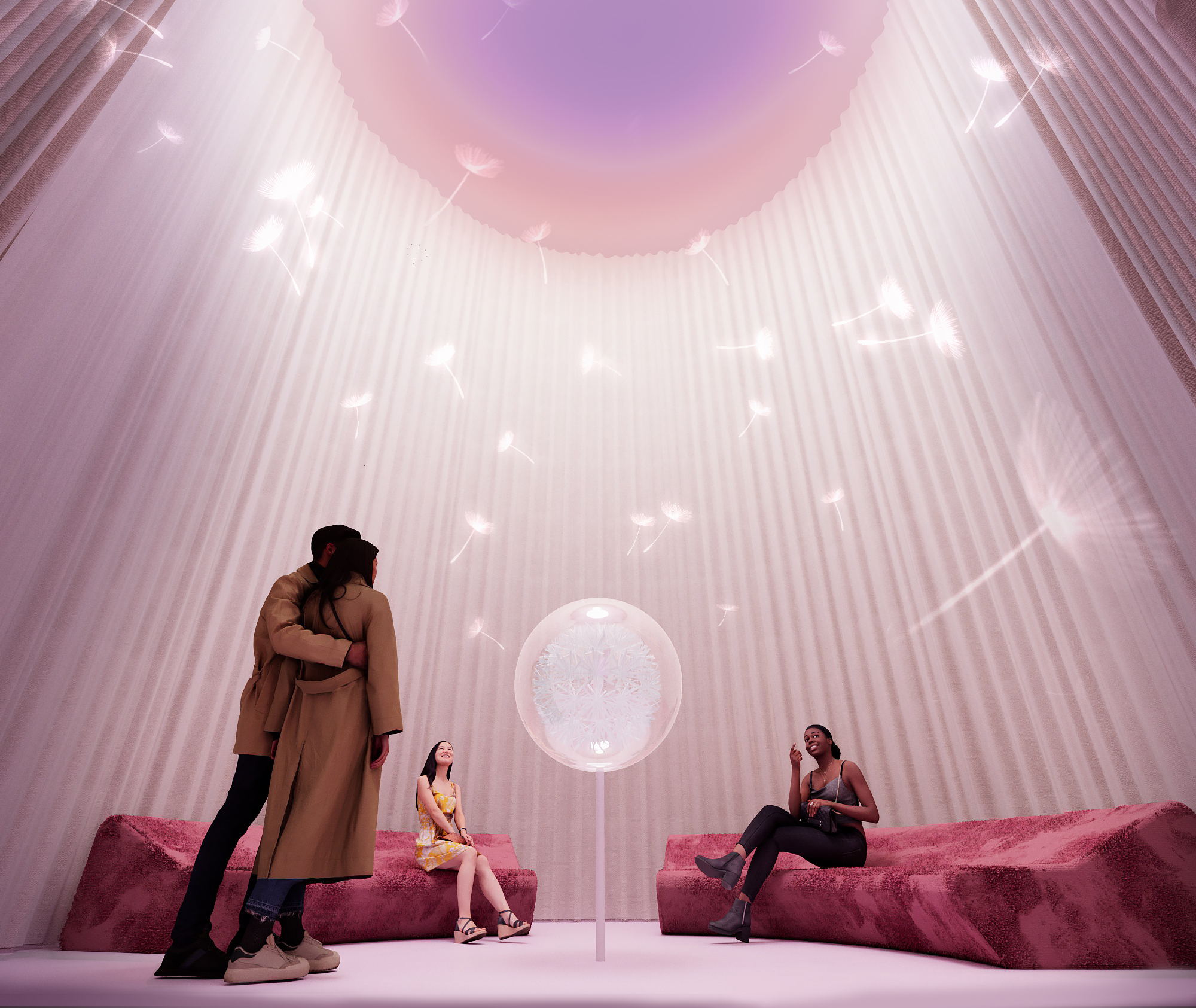 You can see a round room with high curtains. People are sitting on sofas. In the centre is a large dandelion and many small dandelions as a light installation.