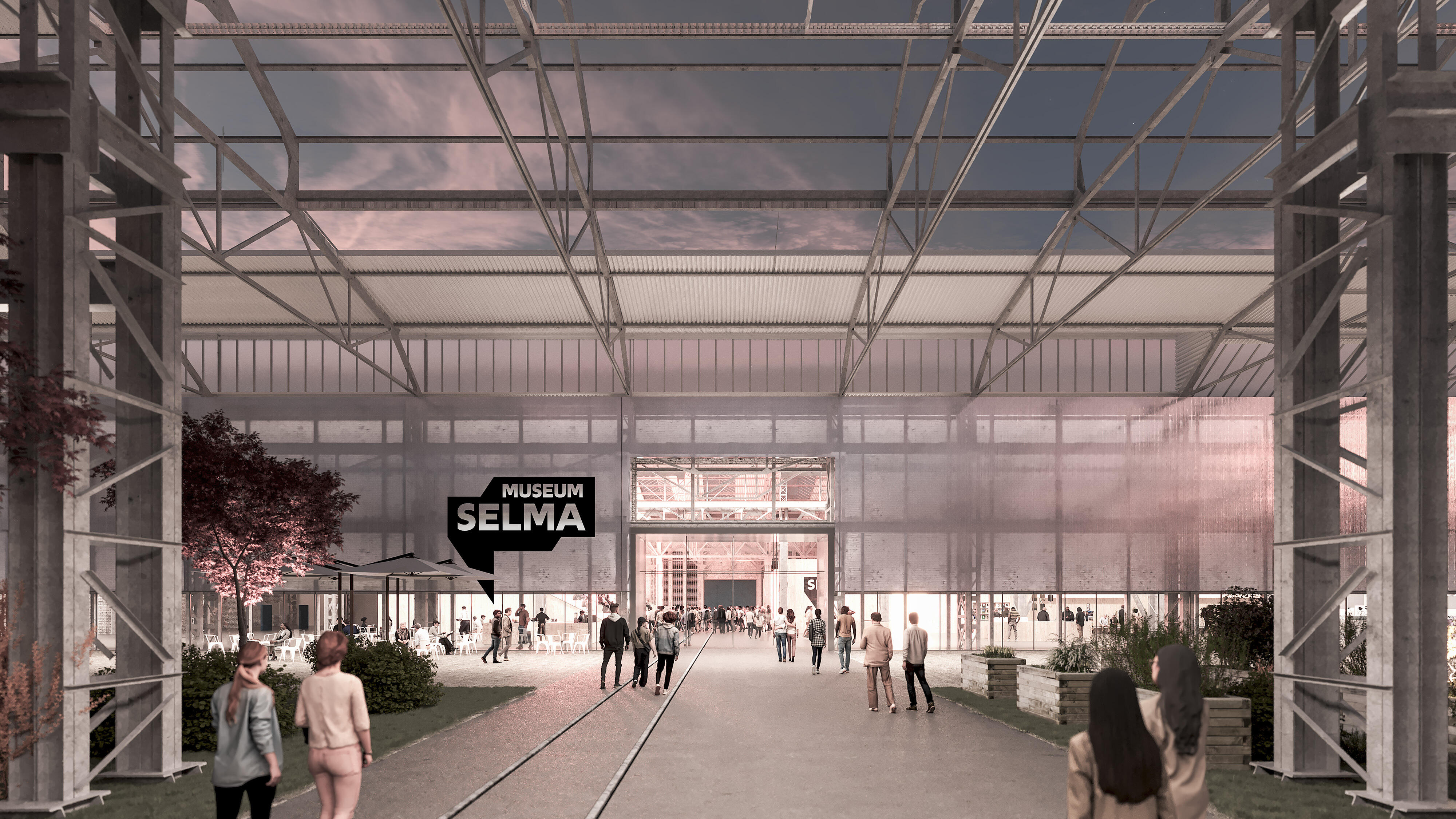 The uncovered neighbouring hall can be seen, through which visitors can enter the museum. The old steel frame remains standing. The entrance area of the museum can be accessed along old rails on the floor.