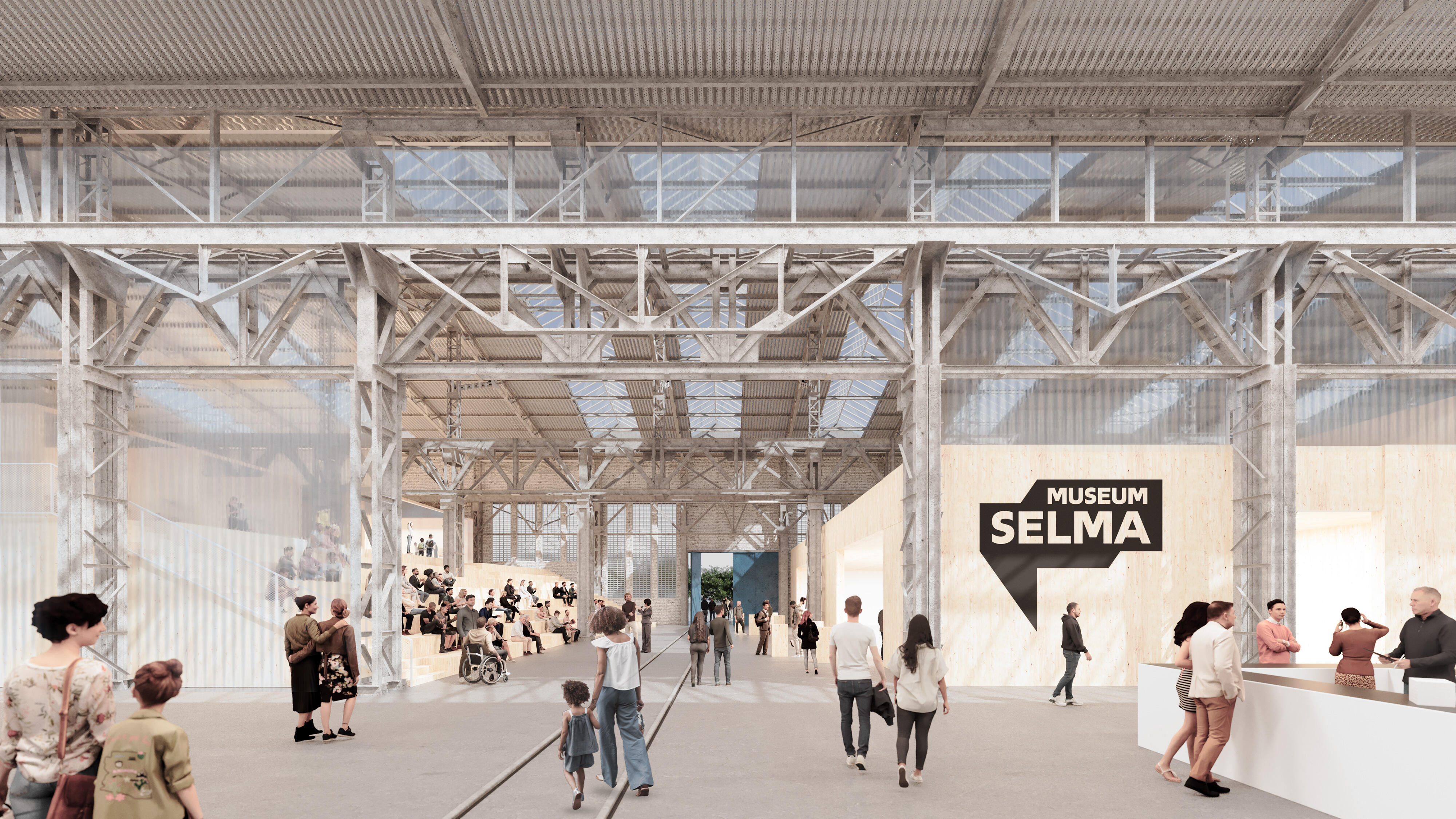 The bright entrance area of the museum can be seen. The old railway tracks run along the floor and the supporting structure and crane runways of the old industrial hall can be seen above. In the centre is a large wooden staircase that serves as access to the upper rooms or as a place to linger. Sitting on the stairs, visitors can look into the area for the temporary exhibitions. The ticket counter is on the right.