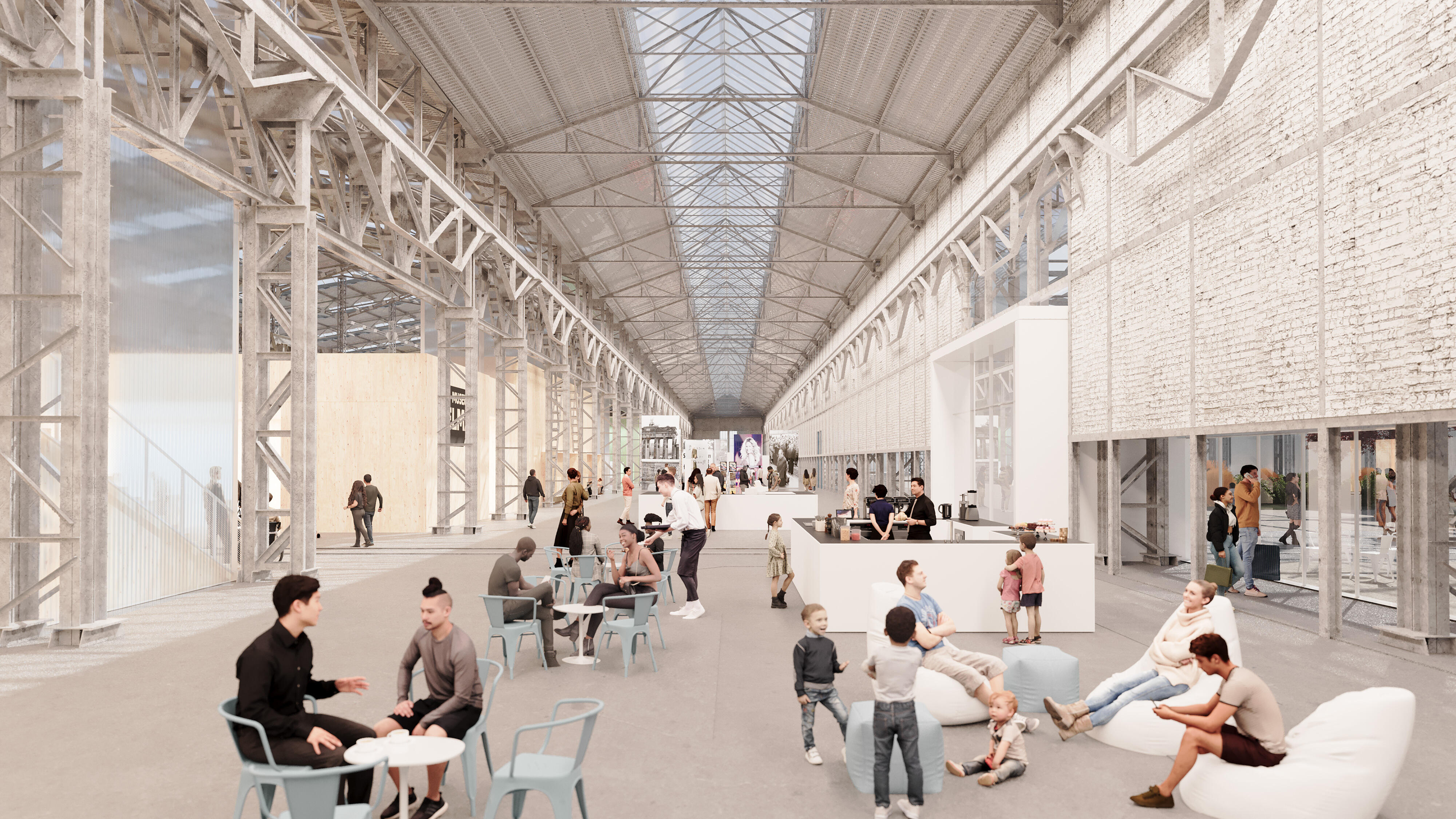You can see the long side aisle of the museum hall. People are sitting at tables and on benches, children are playing on the floor. A ticket counter can be seen in the centre. On the right is the entrance/exit.
