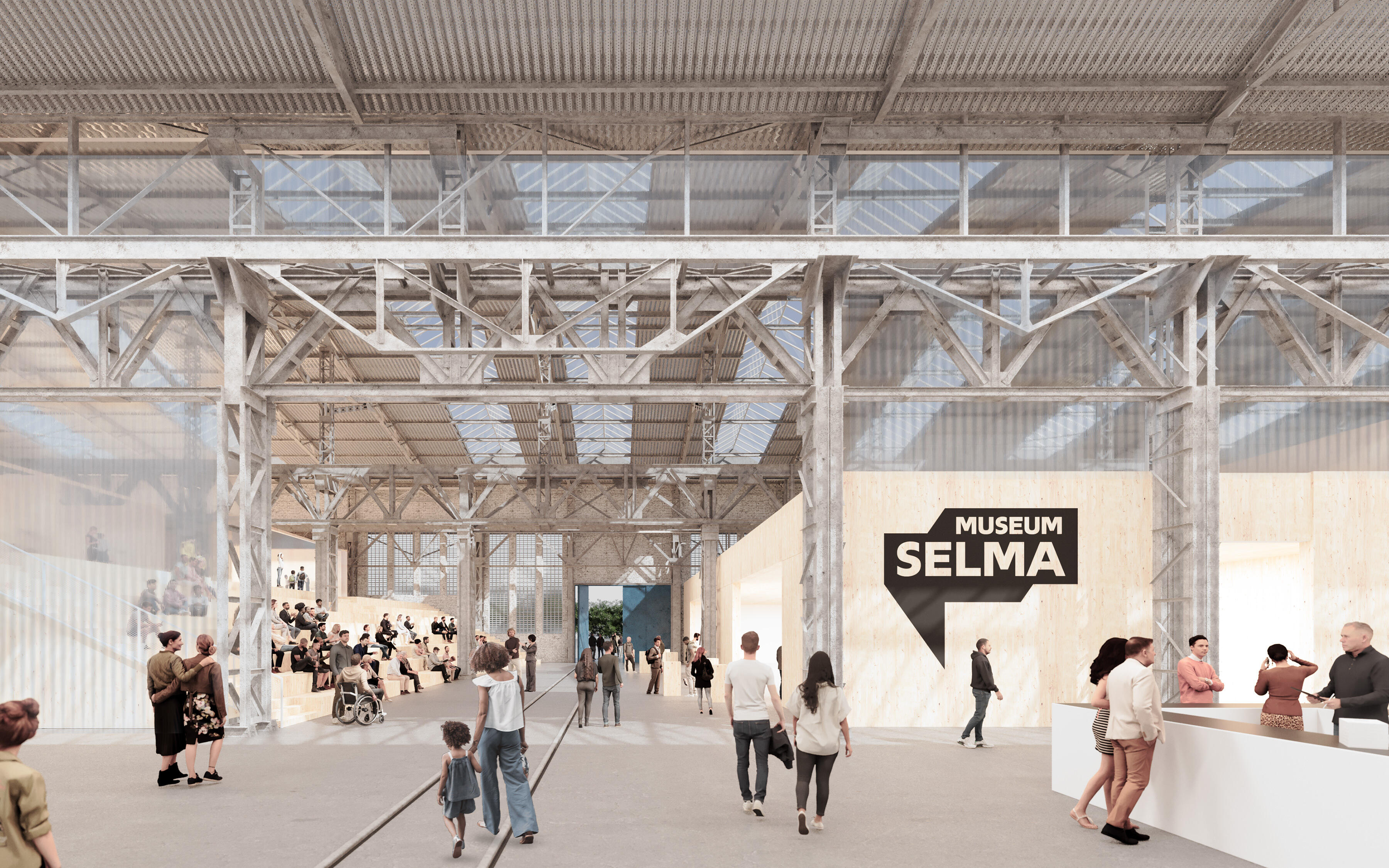 The bright entrance area of the museum can be seen. The old railway tracks run along the floor and the supporting structure and crane runways of the old industrial hall can be seen above. In the centre is a large wooden staircase that serves as access to the upper rooms or as a place to linger. Sitting on the stairs, visitors can look into the area for the temporary exhibitions. The ticket counter is on the right.