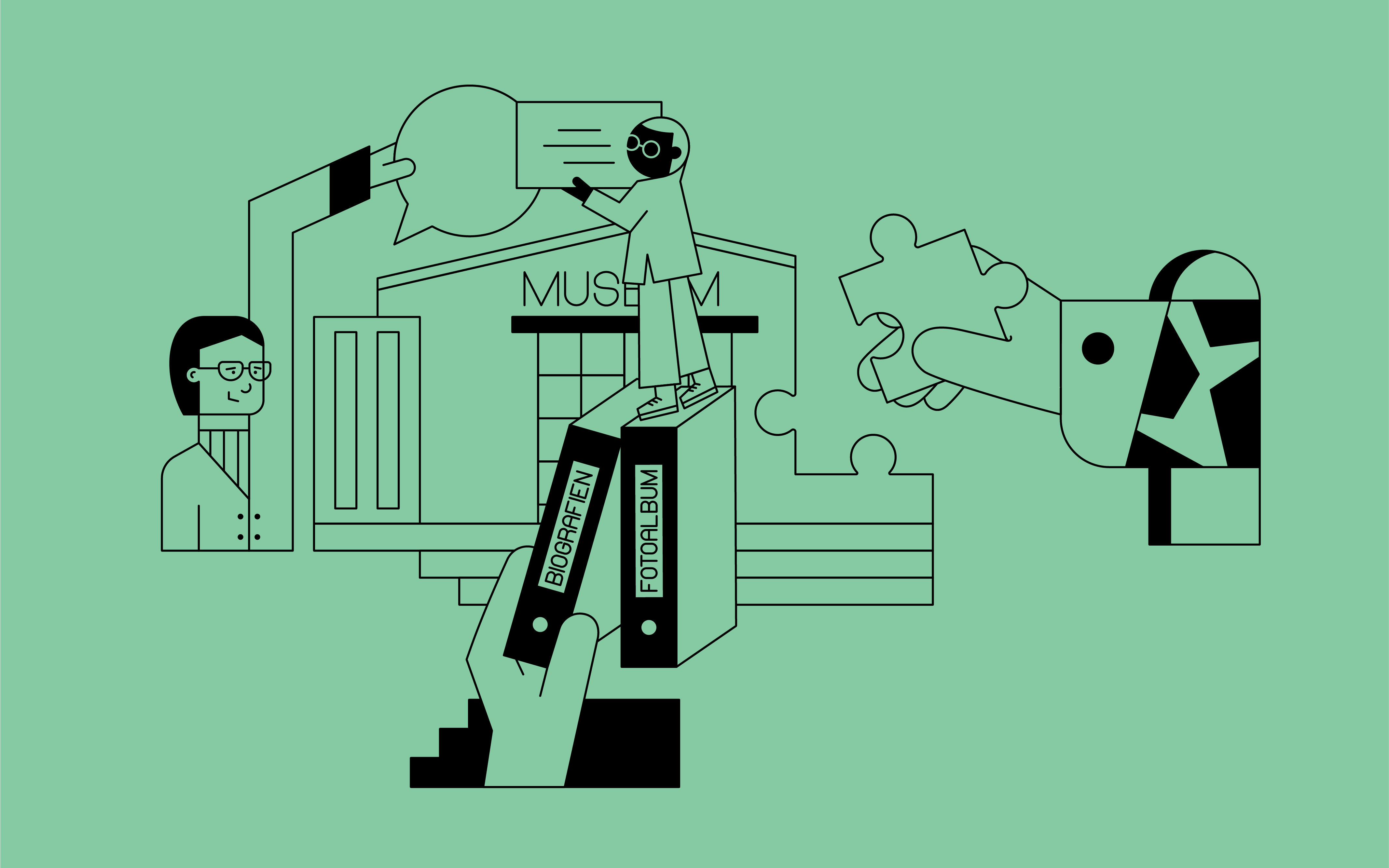 Drawn in fine lines on a green background, you can see how a museum takes shape in a participatory and collaborative way – a woman holds a talking bellows, one hand adds a puzzle piece, another one books, a small person holds a sign over a house that says ‘Museum’.