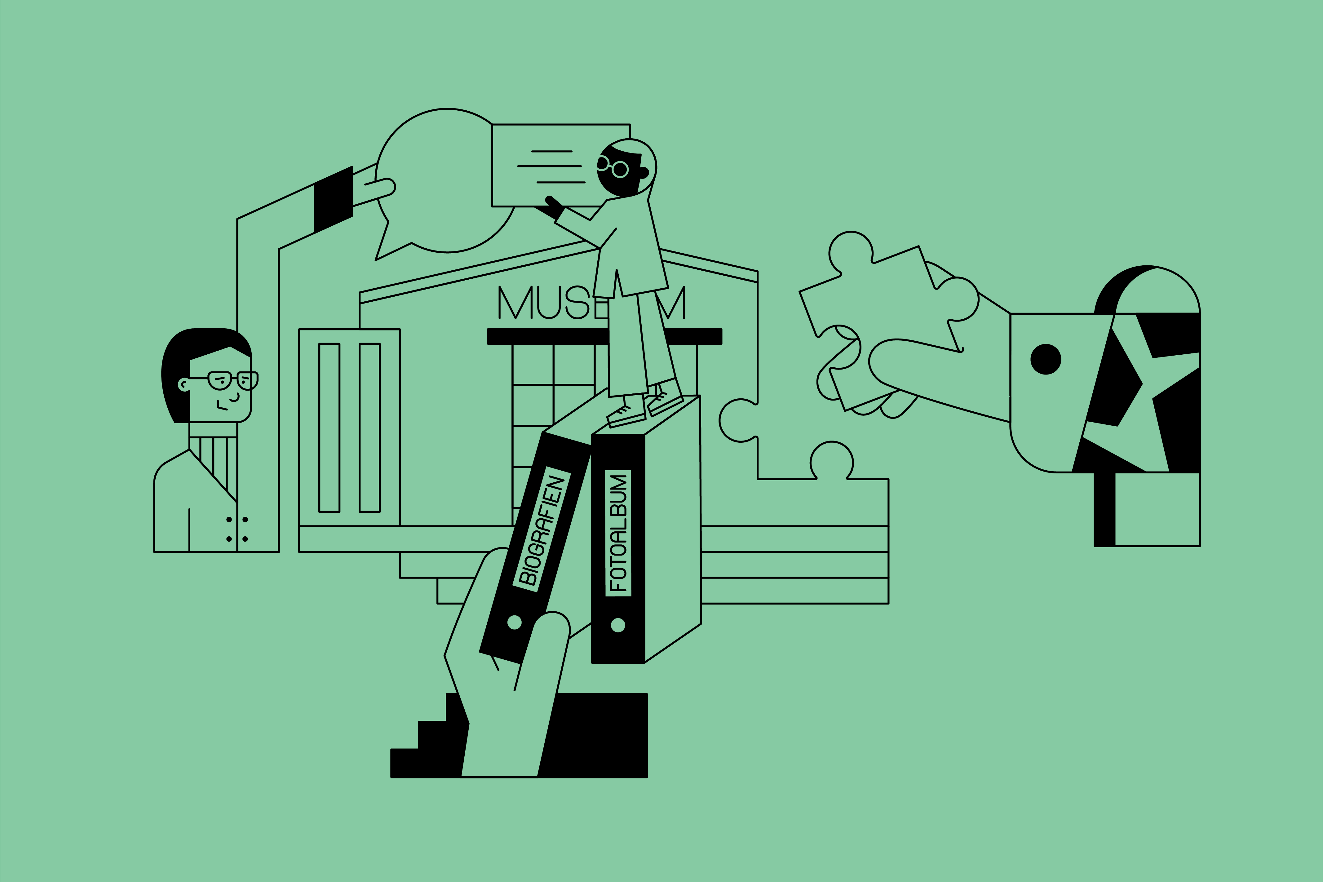 Drawn in fine lines on a green background, you can see how a museum takes shape in a participatory and collaborative way – a woman holds a talking bellows, one hand adds a puzzle piece, another one books, a small person holds a sign over a house that says ‘Museum’.