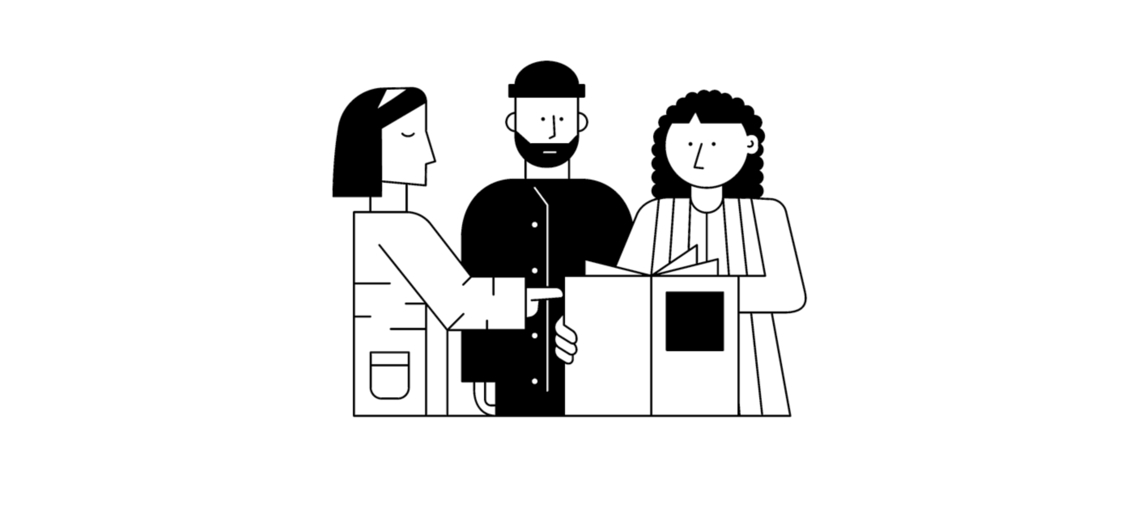 Die schwarz-weiß Grafik zeigt drei Personen, die zusammen in ein Buch schauen.