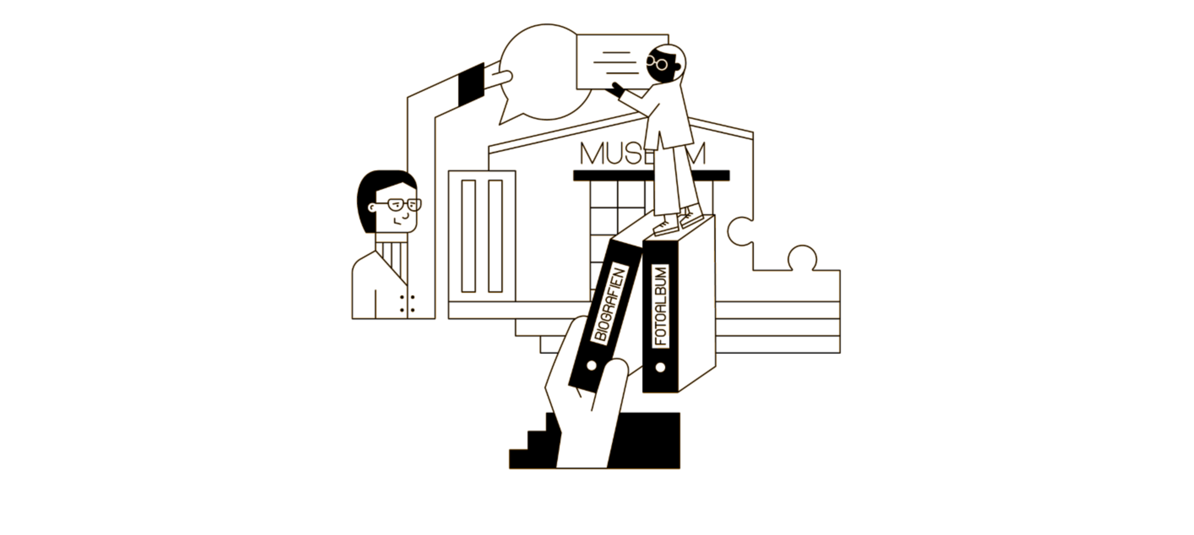 Auf der Grafik sieht man im Mittelpunkt ein Museum, dass symbolisch von Menschen mit Inhalt gefüllt wird: Ordnern, Sprechblasen und Briefen. An Rand der Zeichnung vom Gebäude fehlt ein Stück in Form eines Puzzleteils.