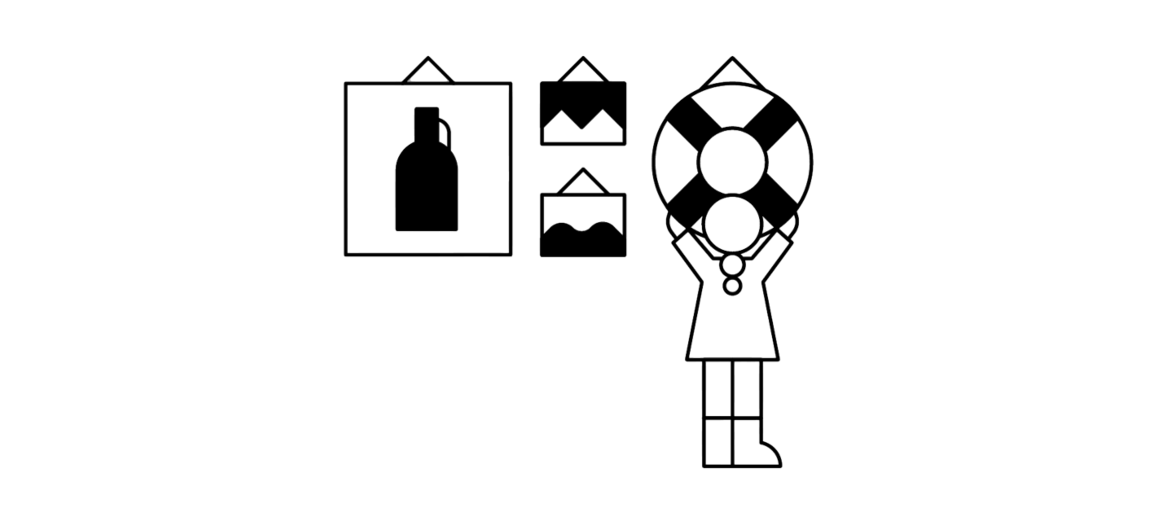 In dieser schwarz-weiß Grafik sieht man ein Kind, dass einen Rettungsring aufhängt. Links neben dem Rettungsring hängen bereits drei Bilder. Zwei davon zeigen eckige und runde Konturen. Das letzte ganz links zeigt den Umriss eines Gefäßes.