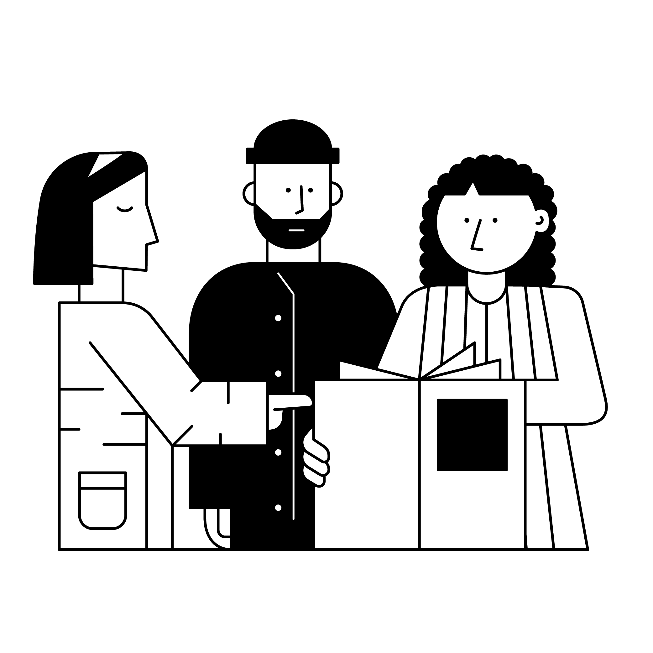 Auf der schwarz-weiß Grafik zeigt drei Personen, die zusammen in ein Buch schauen.