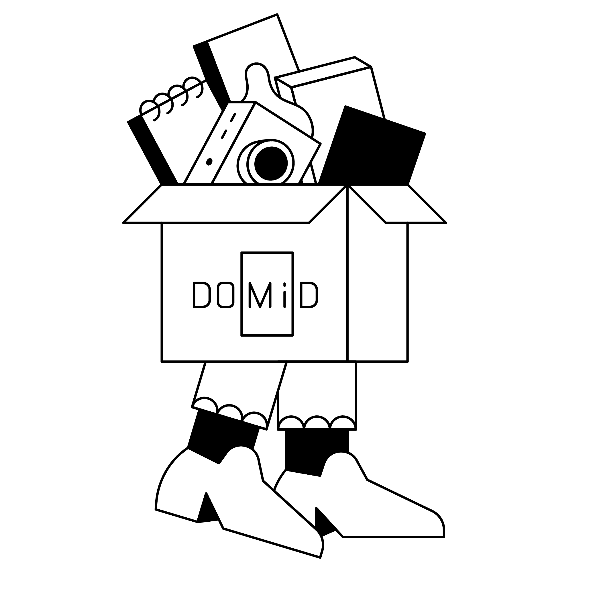 Im Mittelpunkt der schwarz-weiß Grafik sieht man einen Karton mit der Aufschrift "DOMiD". In dem Karton stecken unterschiedliche Dinge, die oben herausschauen, wie eine Kamera und ein Block. Der Karton hat Beine, welche sich in Bewegung befinden.
