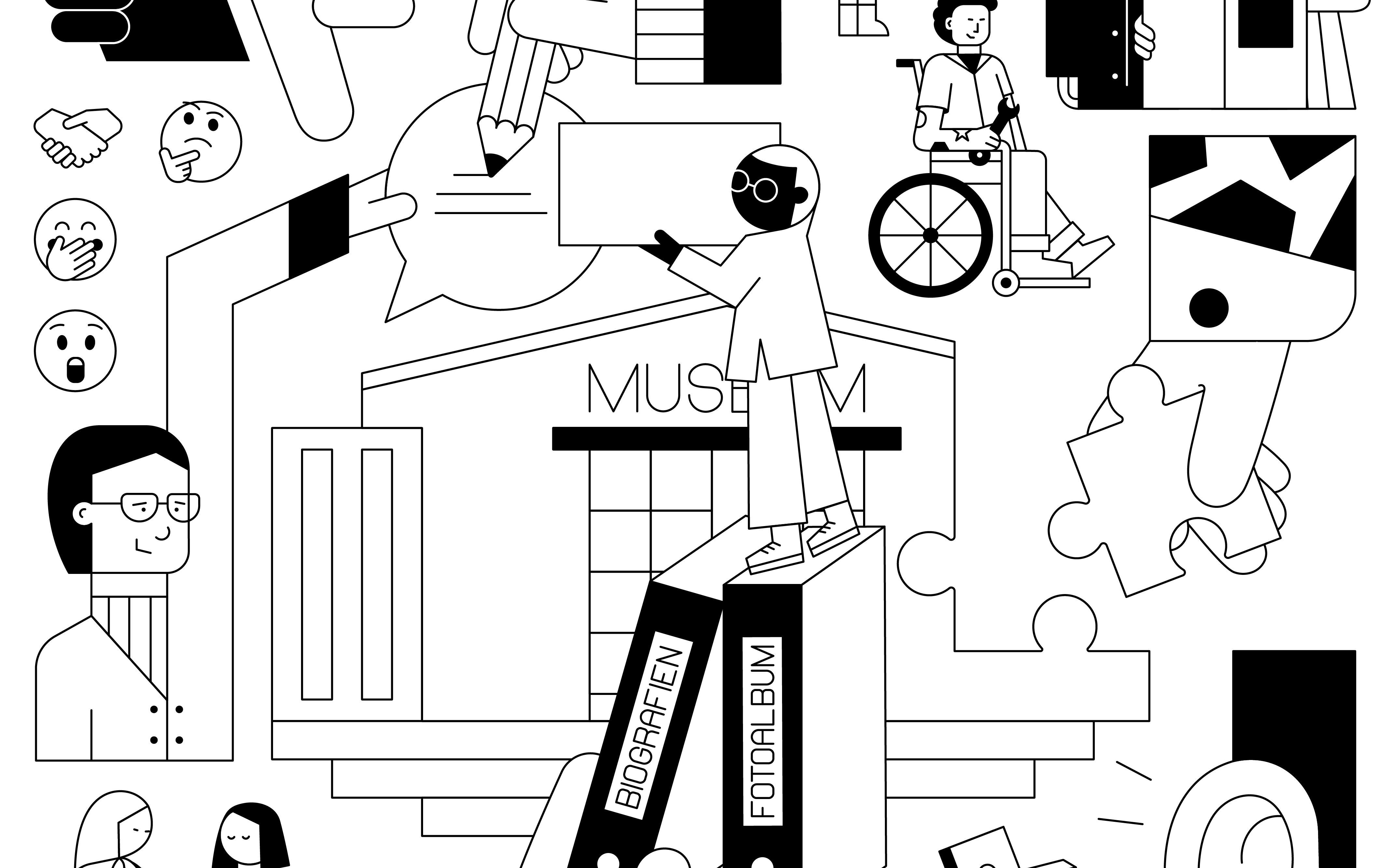 Die schwarz-weiß Grafik zeigt viele unterschiedliche Elemente. Der Hintergrund besteht aus einem Museum, dass aus Puzzlestücken zusammengesetzt wird. Im Vorderdrund sieht man unterschiedliche Personen die, die verschiedenen Elemente des Museums einsetzen.