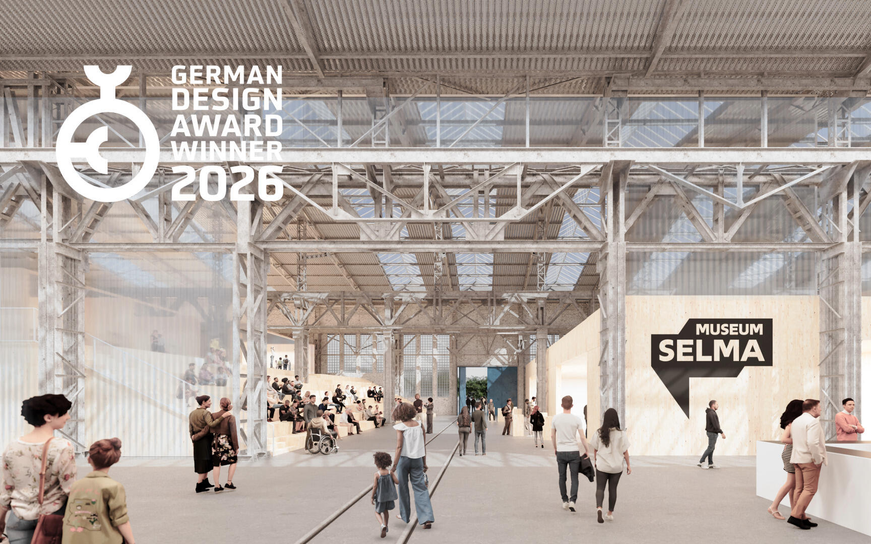 Die Visualisierung von ATELIER BRÜCKNER zeigt den geplanten Eingangsbereich des Museums Selma. Die Entwurfsidee wurde mit dem German Design Award 2026 ausgezeichnet.