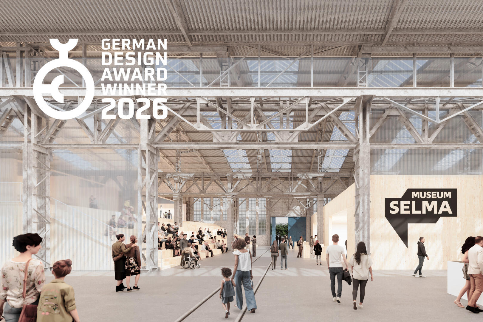 Die Visualisierung von ATELIER BRÜCKNER zeigt den geplanten Eingangsbereich des Museums Selma. Die Entwurfsidee wurde mit dem German Design Award 2026 ausgezeichnet.