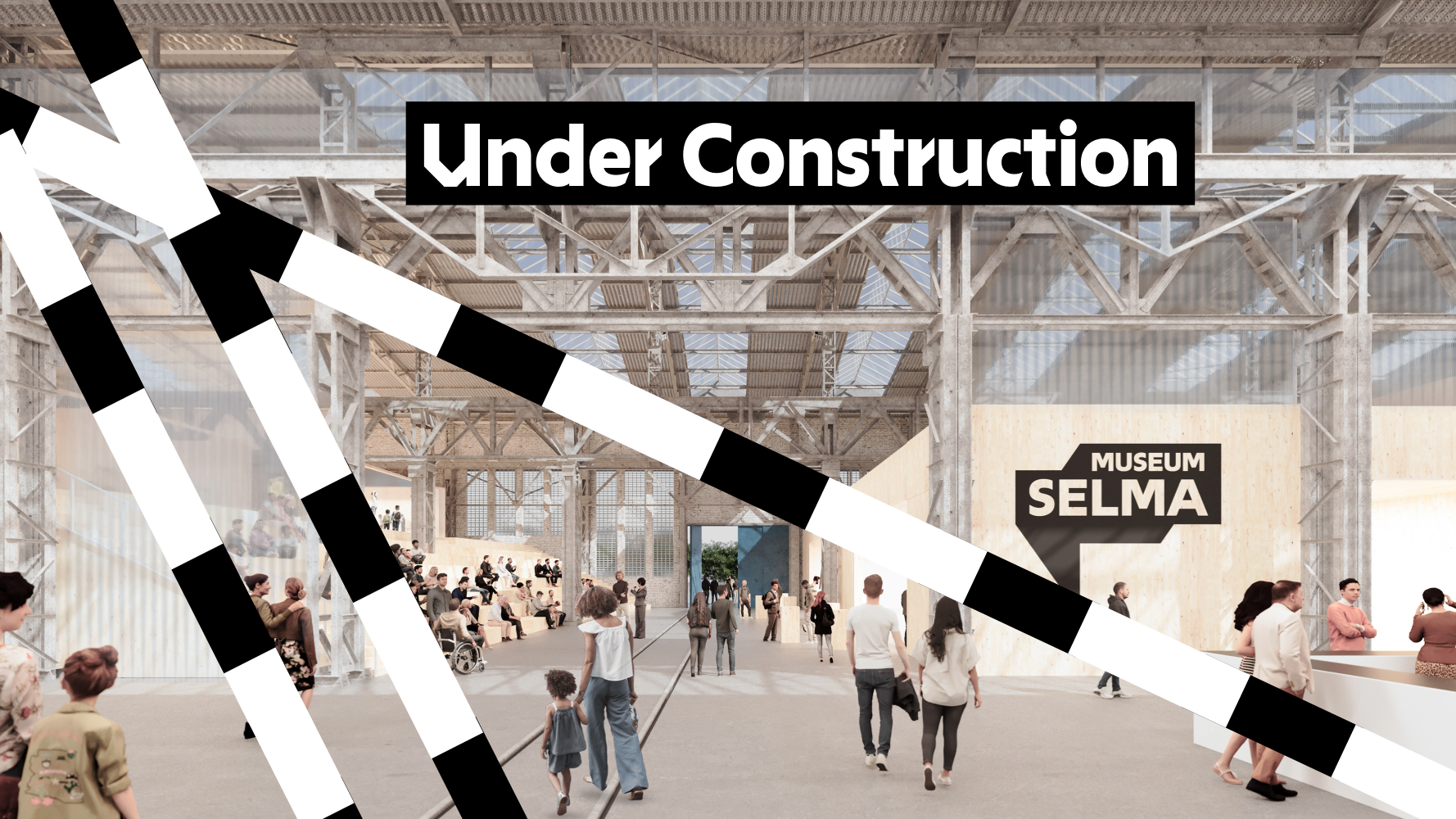 Zu sehen ist der geplante eingangsbereich des Museums. Daarüber sind grafisch Baustellen-Absperrungen in schwarz.weiß darüber gelegt. roß über dem Bild steht "Under Construction".