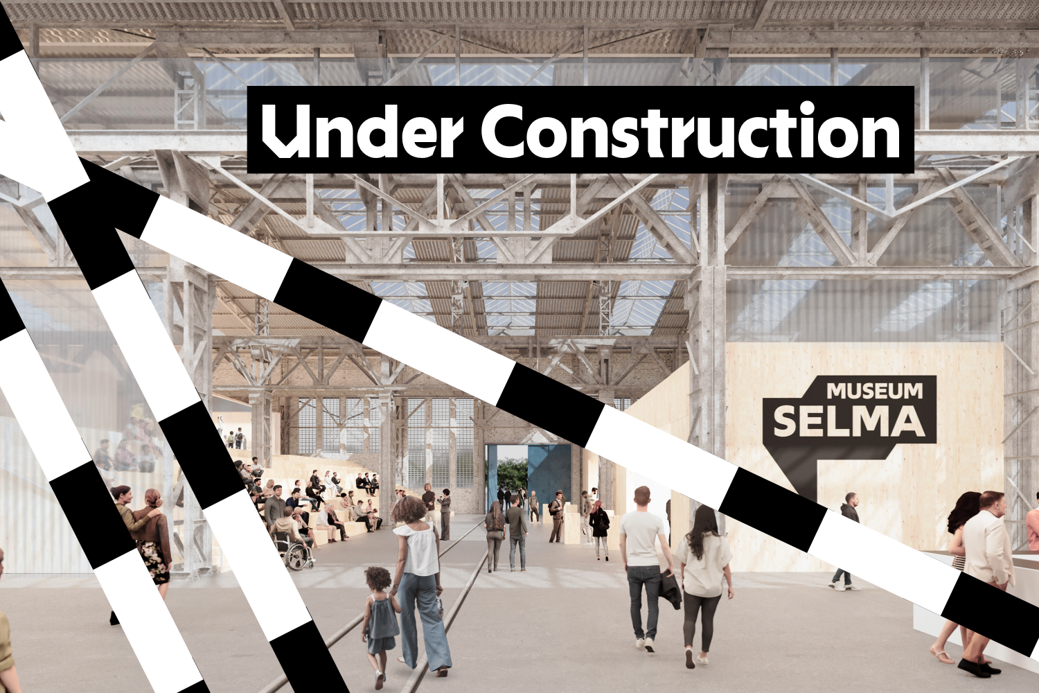 Zu sehen ist der geplante eingangsbereich des Museums. Daarüber sind grafisch Baustellen-Absperrungen in schwarz.weiß darüber gelegt. roß über dem Bild steht "Under Construction".