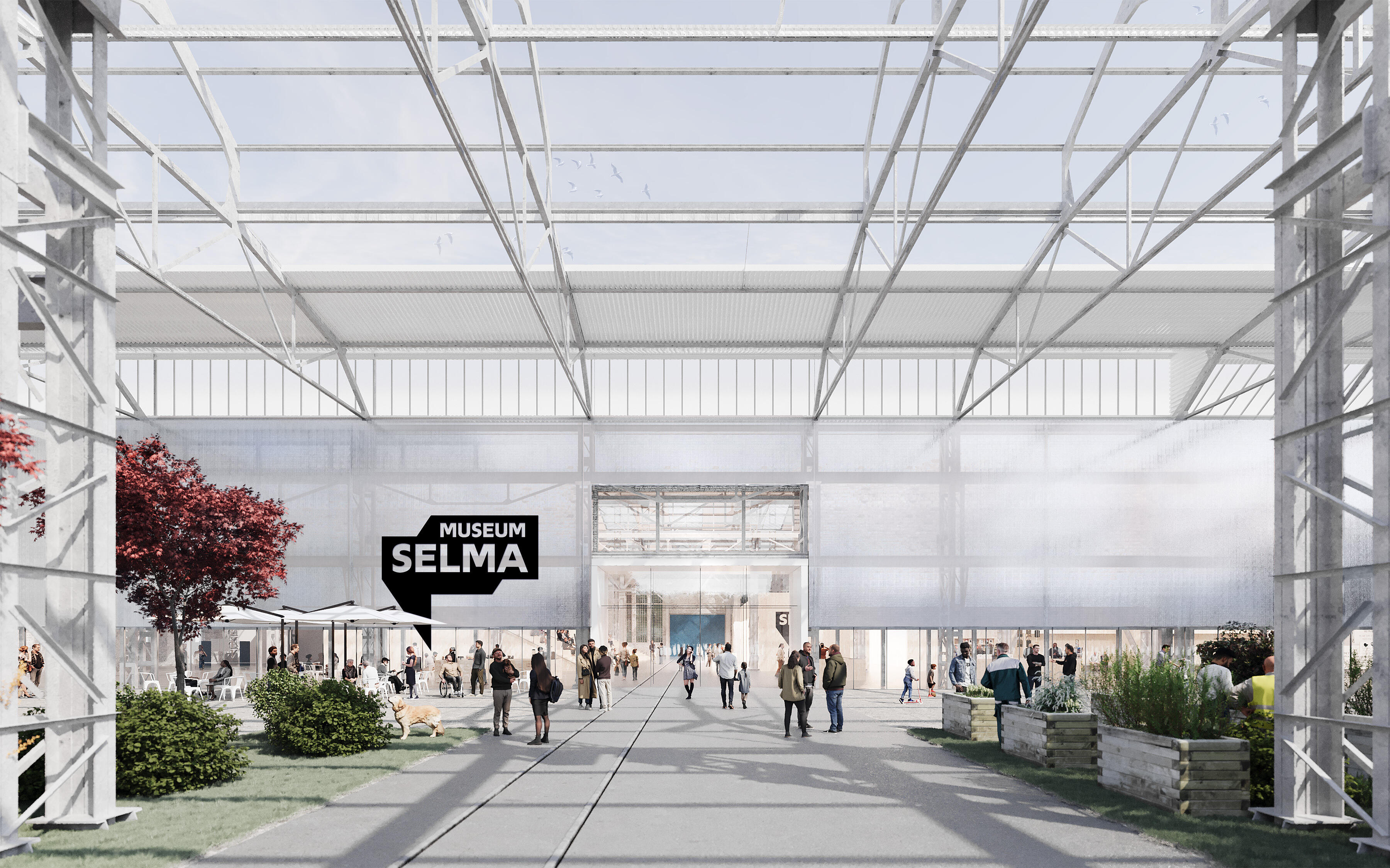 Zu sehen ist eine freigelegtes Stahlgerüst einer Industriehalle, das als Vorplatz des Eingangsbereiches des Museum Selma dient.