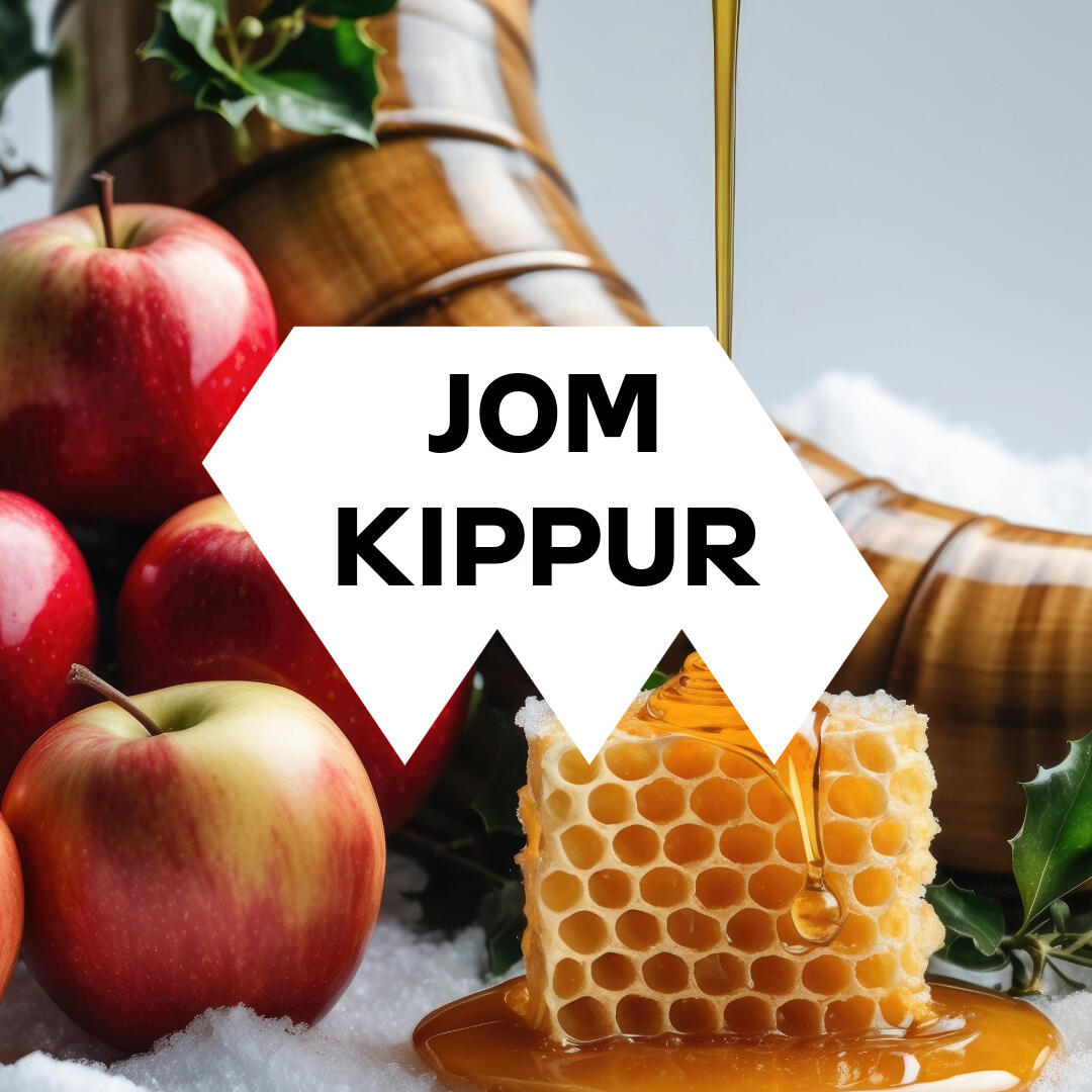Honig, Äpfel und ein Schofar und im Vordergrund steht grß "Jom Kippur"