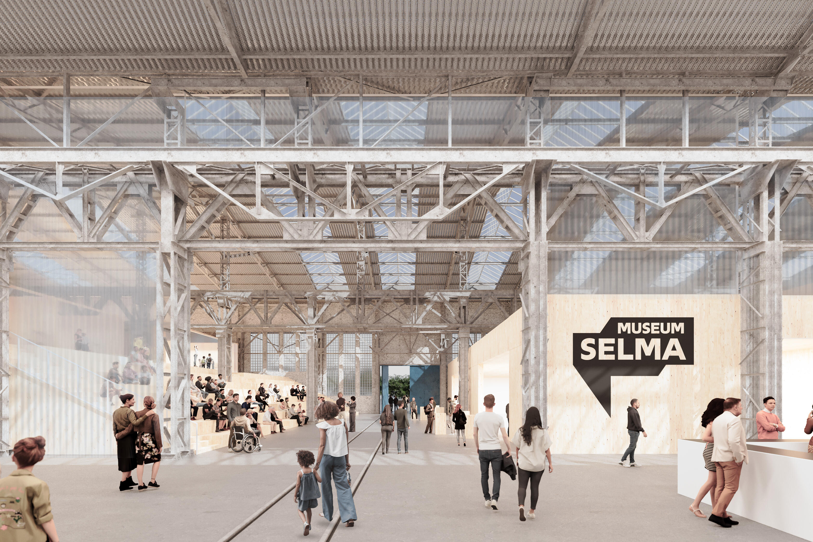 Man blickt in eine große helle Industriehalle, die zu einem Museum umgebaut wurde. Auf einer hellen Holzwand sieht man das schwarz-weiße Museumslogo Musem Selma. Menschen laufen herum oder sitzen auf hellen Holztreppen.