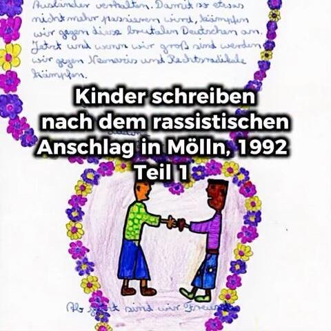 A handwritten letter in cursive script, with two painted figures shaking hands at the bottom.