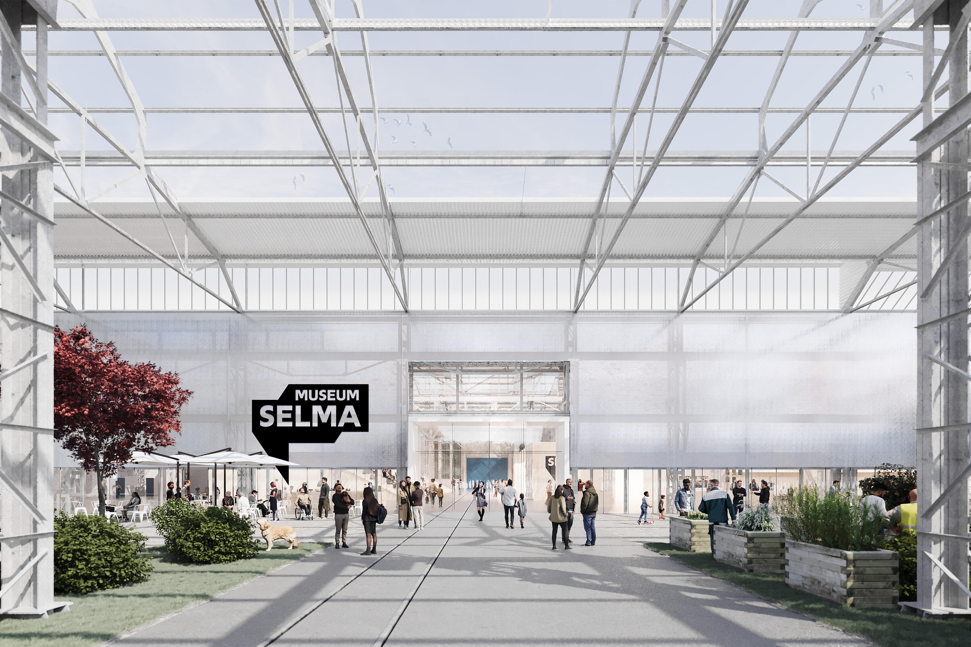 Zu sehen ist eine freigelegtes Stahlgerüst einer Industriehalle, das als Vorplatz des Eingangsbereiches des Museum Selma dient.