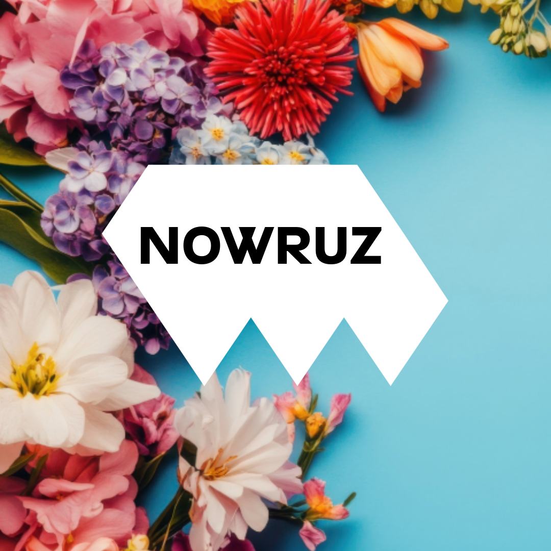 Aufschrift "Nowruz" auf einem Hintergrund aus bunten Blumen