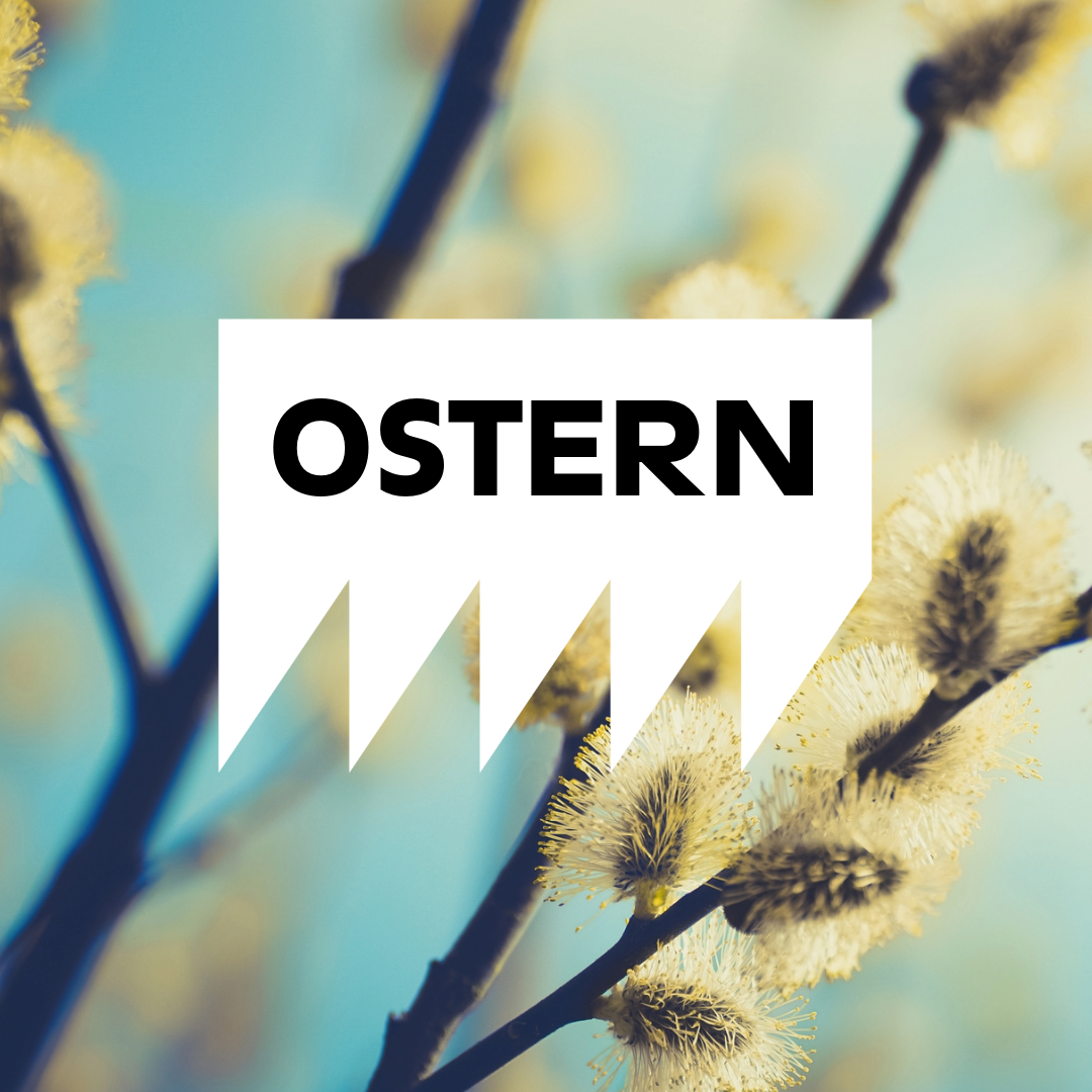 Der Schriftzug "Ostern" vor dem Hintergrund von Weidenzweigen.