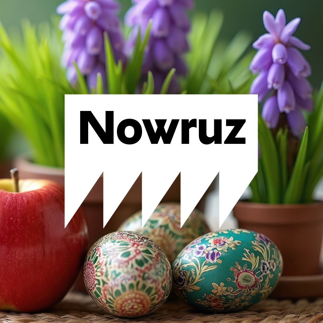 Blumen, ein Apfel und buntgefärbte Eier, darüber steht Nowruz.