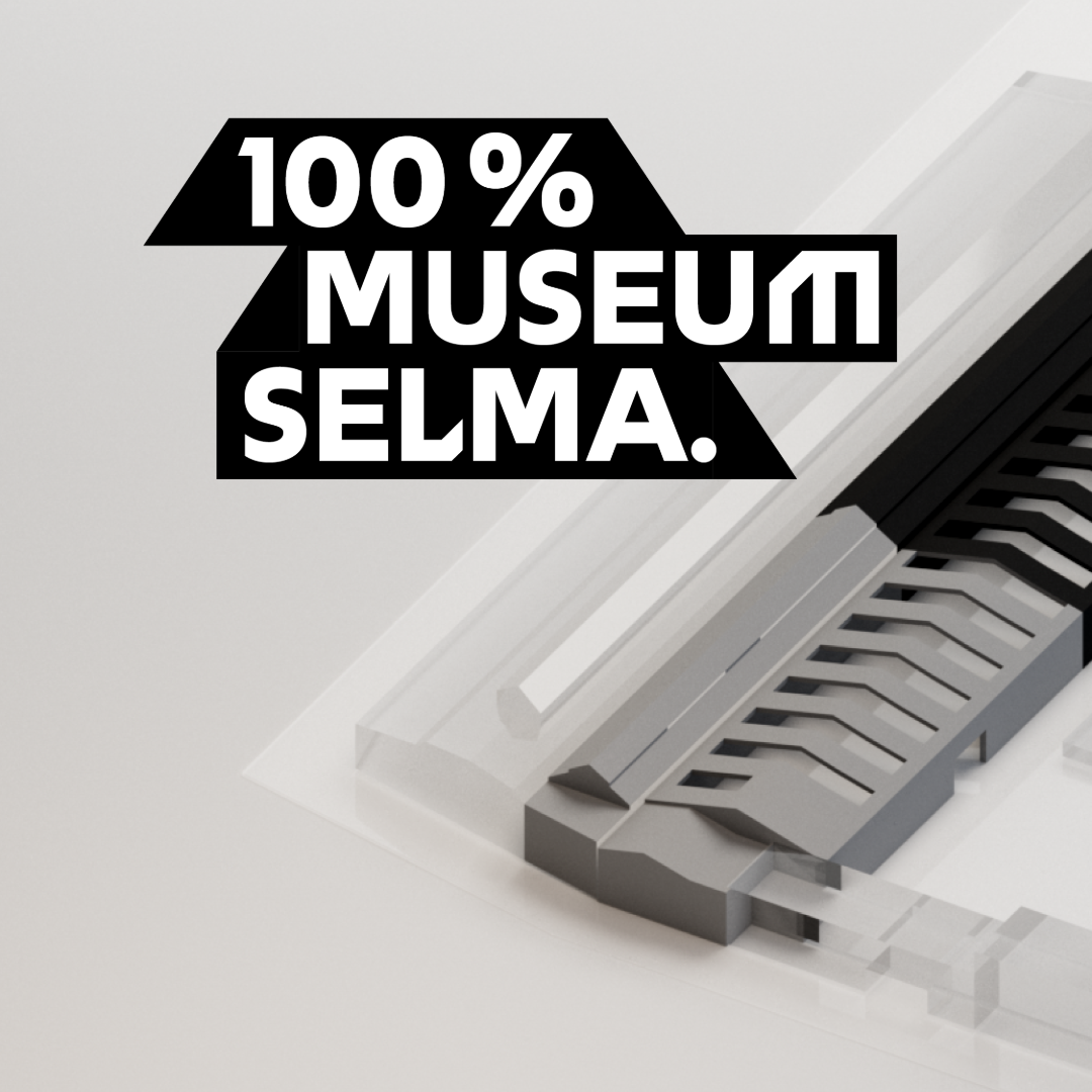 Man sieht das Skelet einer Industriehalle, 60% davon ist schwarz ausgefüllt. Mit der Überschrift: 100% Museum Selma.