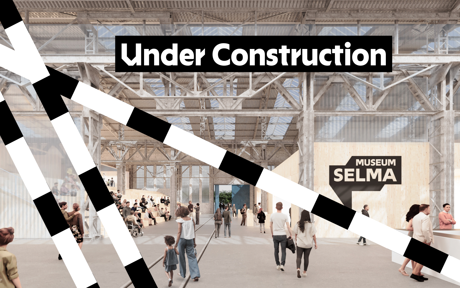 Der Eingangsbereich des Museums Selma wird gezeigt. Darüber sind schwarz-weiße Balken abgebildet, die wir Baustellenabsperrungen aussehen. "Under Construction" steht über dem Bild.