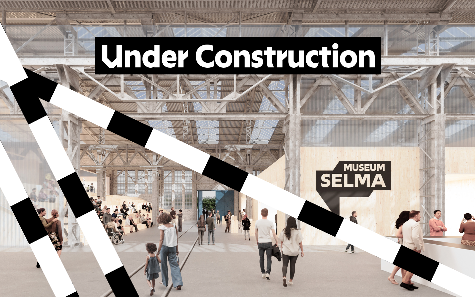 Visualisierung des künftigen Museums Selma mit Besucher*innen in einer großen Eingangshalle und dem Schriftzug „Under Construction“.