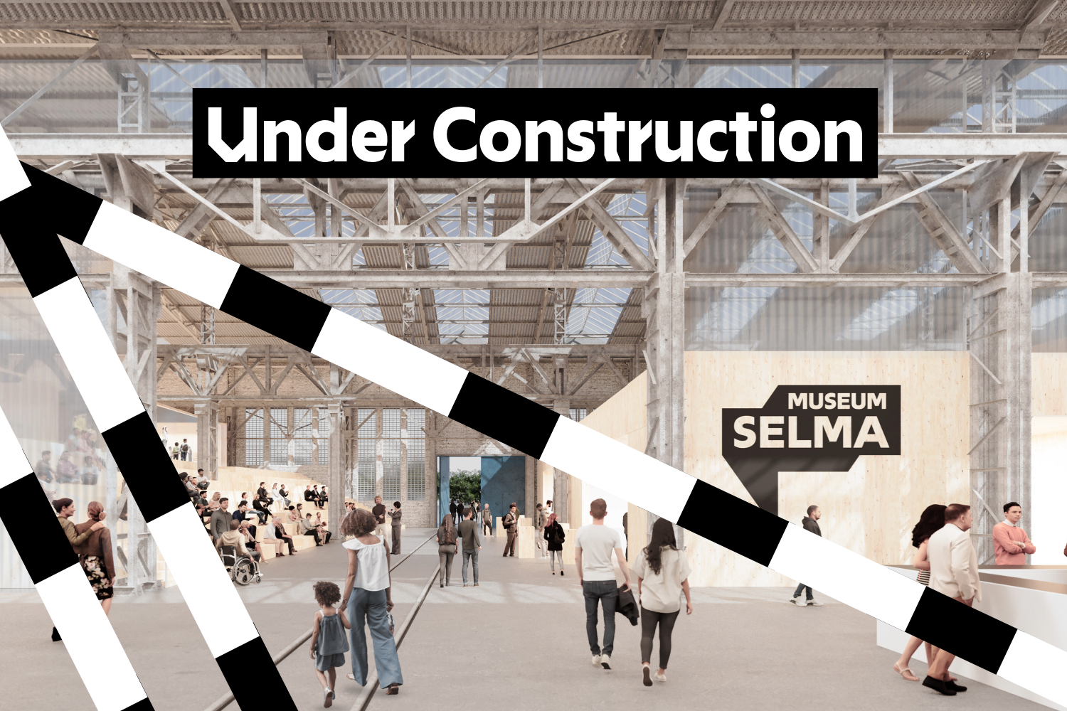 Visualisierung des künftigen Museums Selma mit Besucher*innen in einer großen Eingangshalle und dem Schriftzug „Under Construction“.
