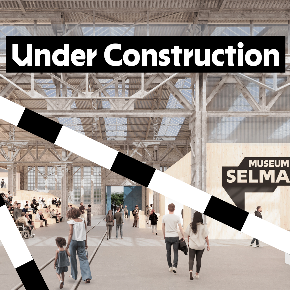 Visualisierung des künftigen Museums Selma mit Besucher*innen in einer großen Eingangshalle und dem Schriftzug „Under Construction“.