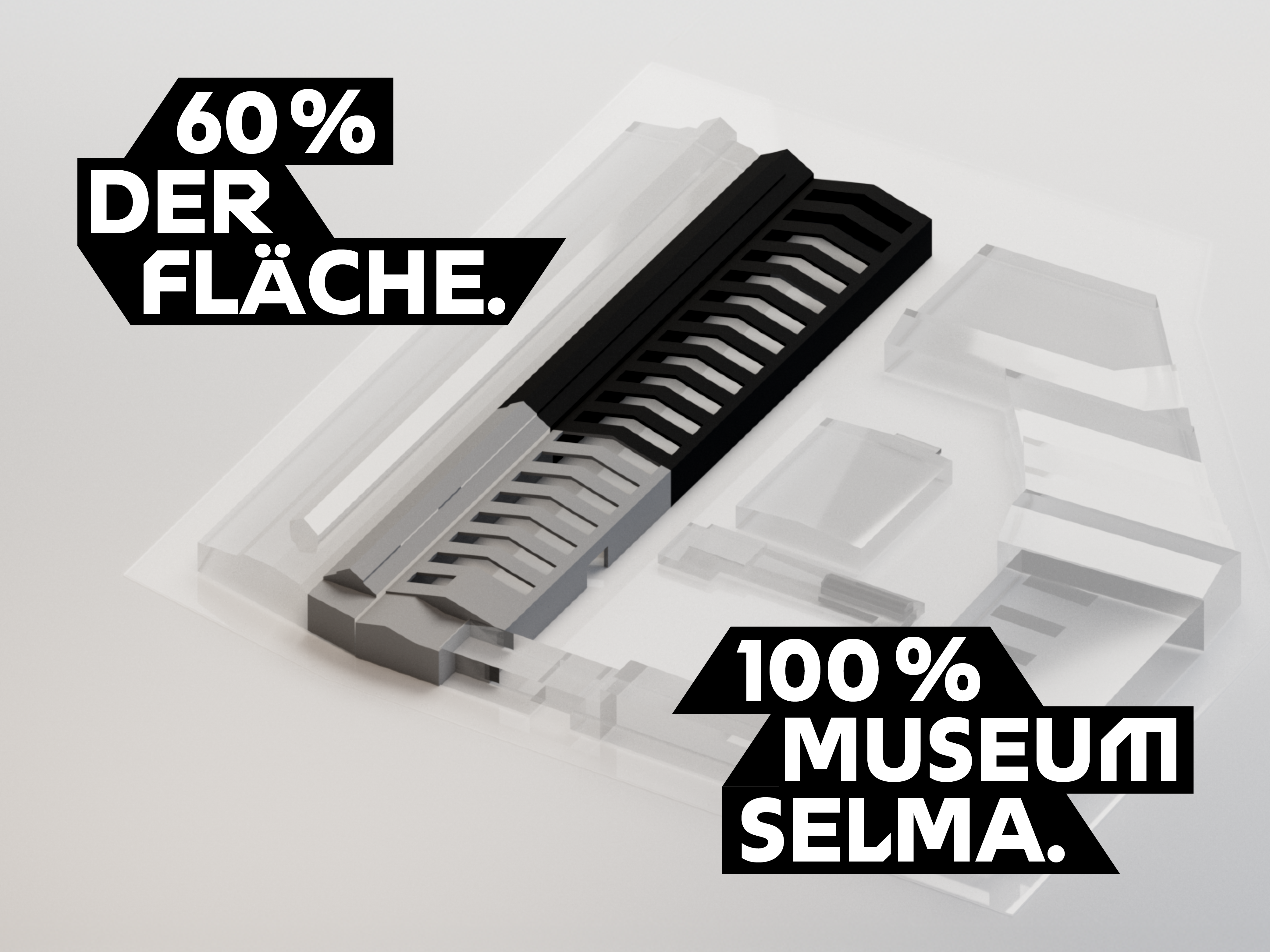 Die schematische Darstellung zeigt den Osthof in Köln-Kalk, wo das Museum Selma entstehen wird. Die Halle 70 als Standort des Museums ist zu 60 Prozent schwarz eingefärbt, der Rest ist ausgegraut. Darüber steht "60 Prozent der Fläche. 100 Prozent Museum Selma".